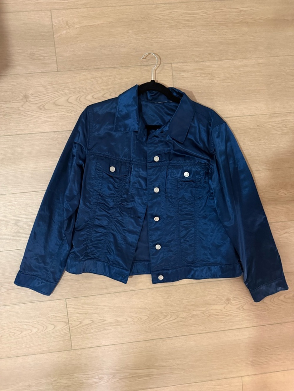 Satin Navy Button-Front Jacket